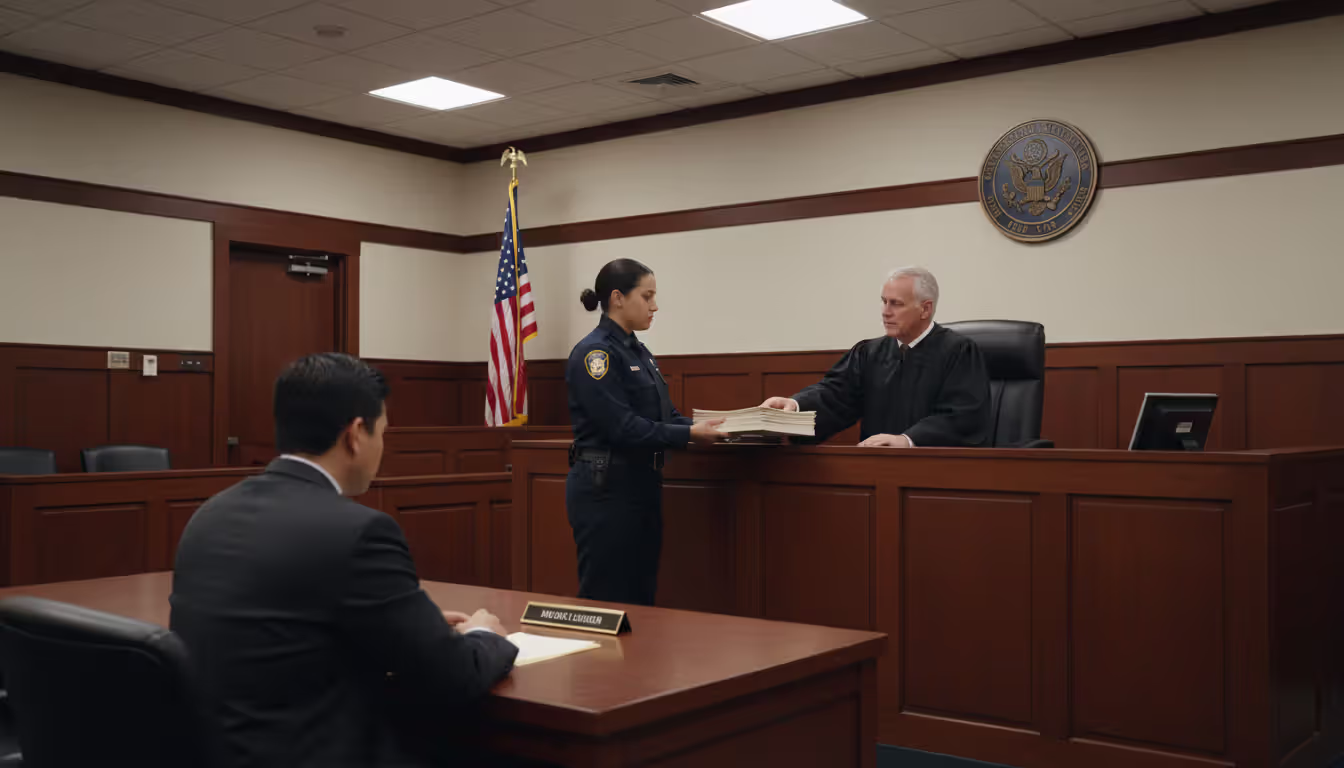 Courtroom scene with judge in robe handing documents to court officer, defendant and attorney seated at defense table, American flag in background