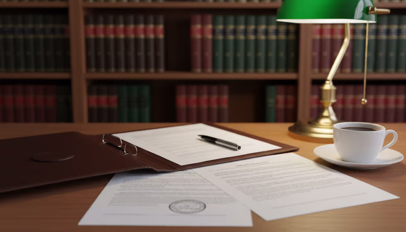 Attorney desk with legal documents, open case folder, pen, court stamp on paper, coffee cup, blurred law bookshelves in background, warm desk lamp lighting