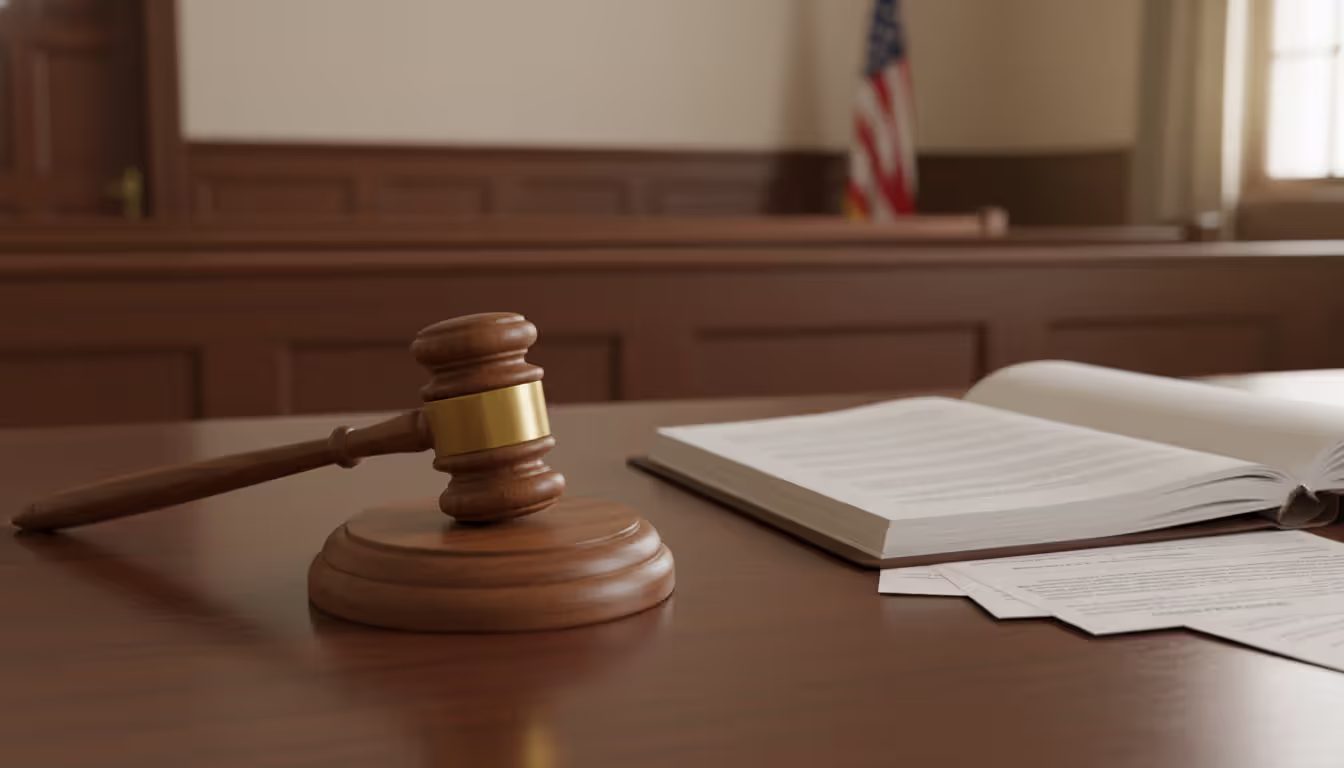Close-up of a wooden judge's gavel resting on its block on a courtroom desk with legal documents in an open folder nearby