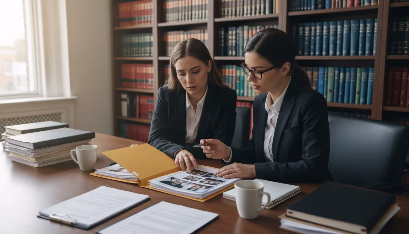 Two women sitting at a desk reviewing a folder of legal documents and printed photographs in a law office with bookshelves in the background