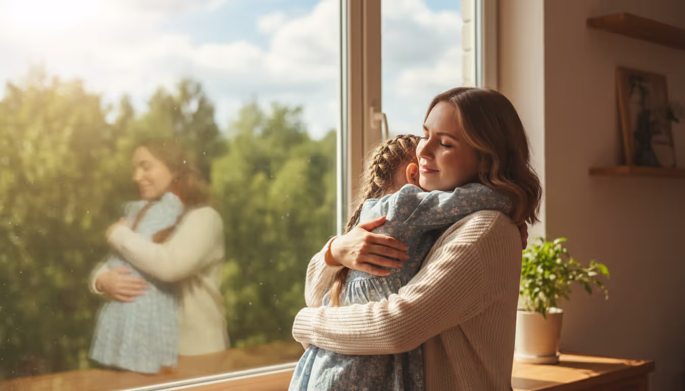 Mother embracing a young child while standing near a sunlit window in a bright room with green trees visible outside conveying a sense of safety and protection