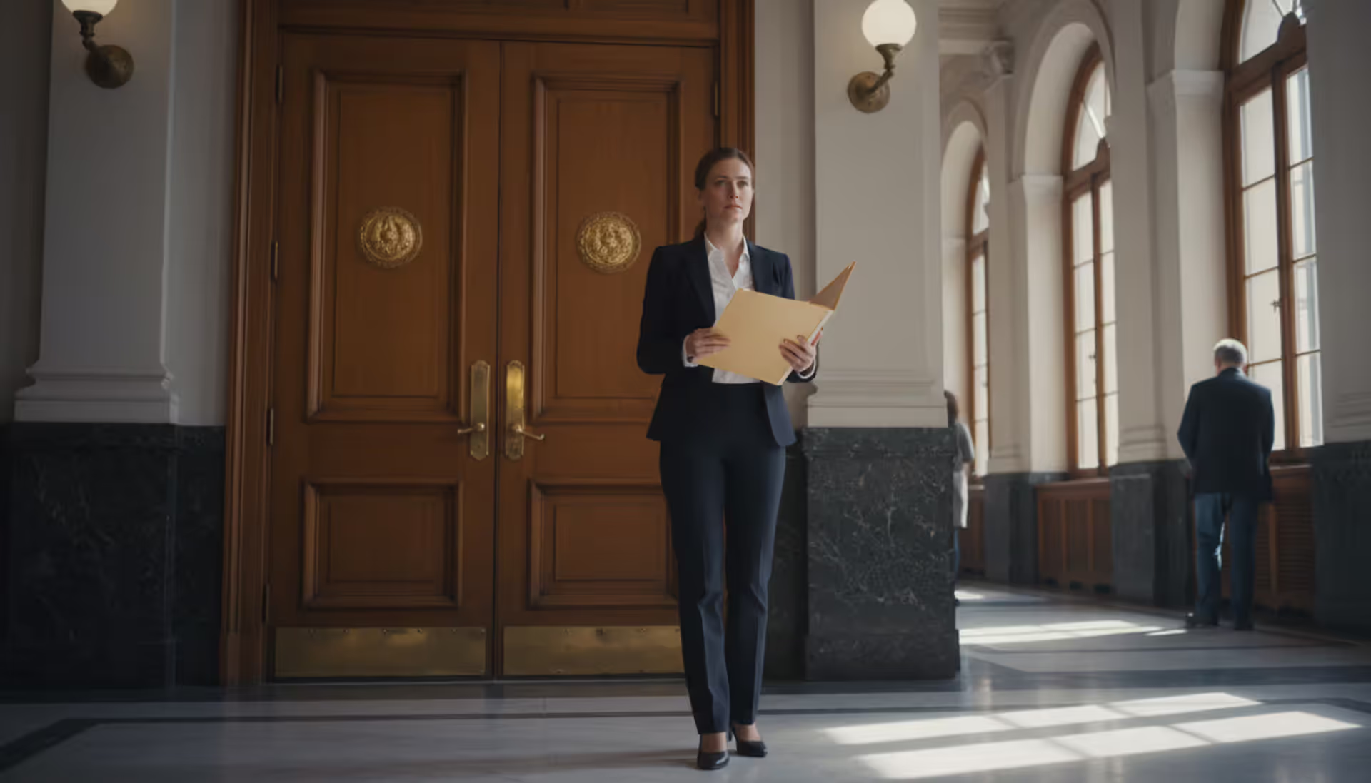 Woman holding a folder of legal documents standing in a courthouse hallway near wooden courtroom doors with natural light coming through tall windows