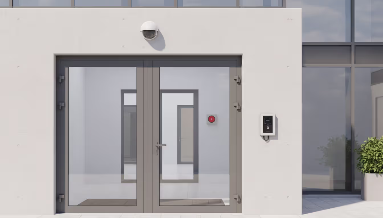 Modern school entrance showing multiple security layers including a surveillance camera, electronic access control panel, and a red emergency panic button on the wall