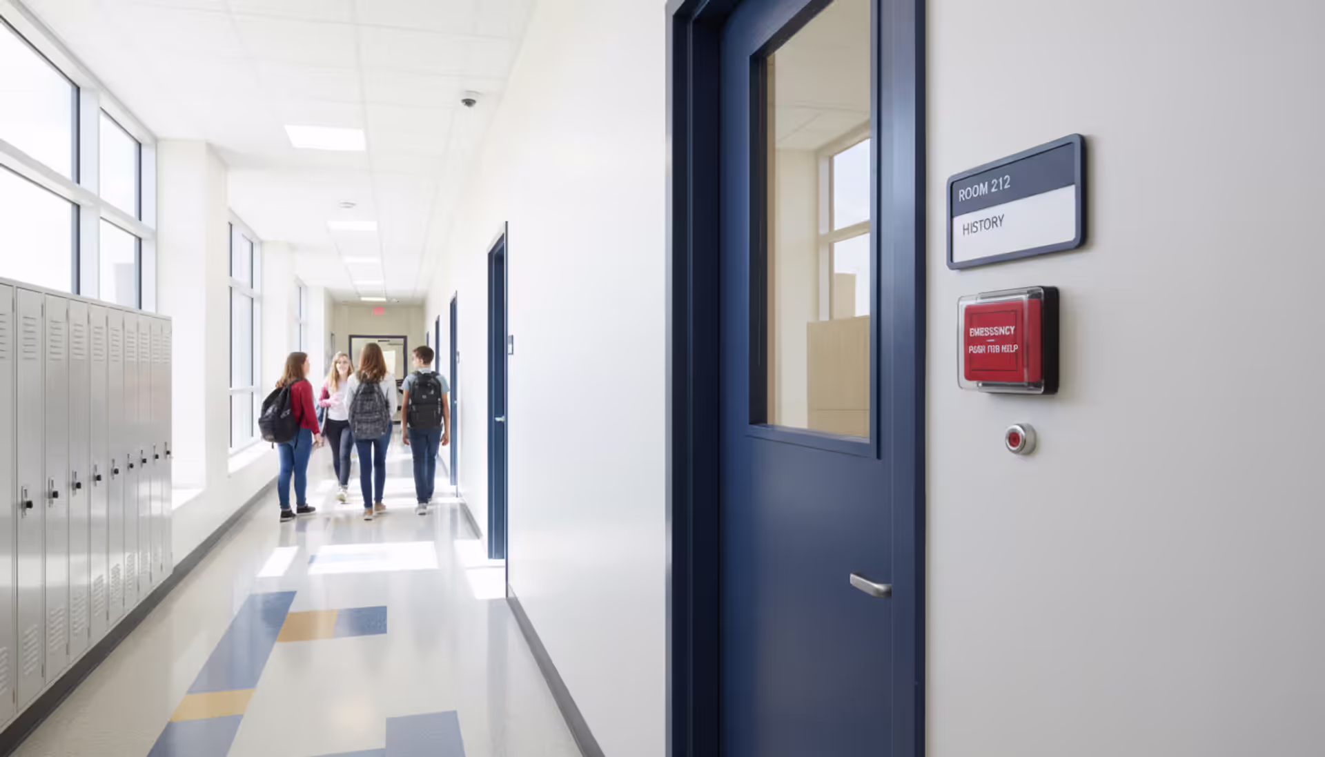Red emergency panic button mounted on a wall near a classroom door in a modern American school hallway with natural lighting