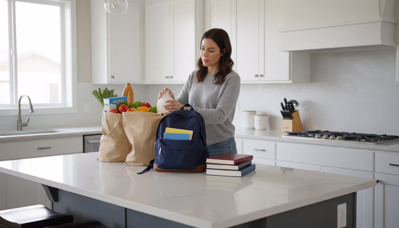 A parent unpacking groceries in a bright kitchen with children's school backpack, sneakers, and books on the table, illustrating everyday child-rearing expenses