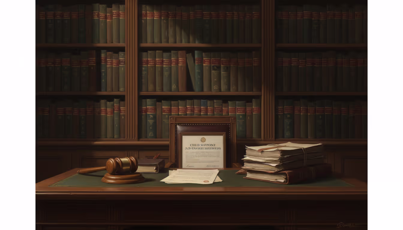 A judge's wooden desk with a gavel, stack of legal documents and folders, bookshelf with law books in the background, conveying the seriousness of child support enforcement