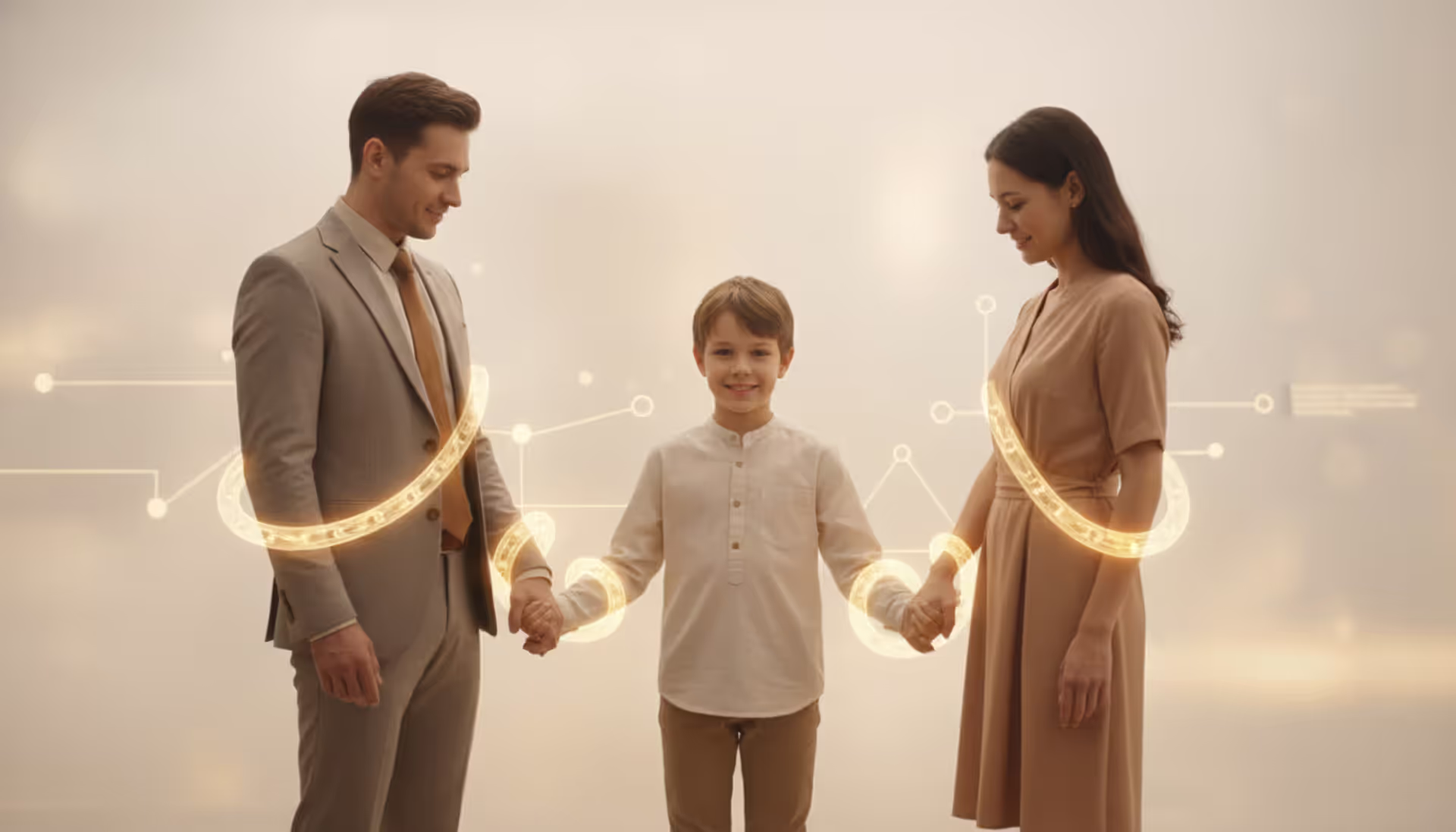 A child holding hands with both separated parents standing apart, warm neutral background, focus on the child in the center