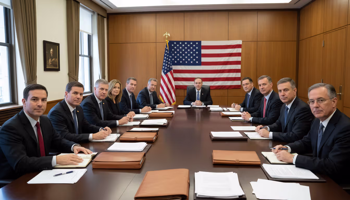 Federal officials sitting around a large conference table in a government meeting room with an American flag on the wall, discussing policy documents