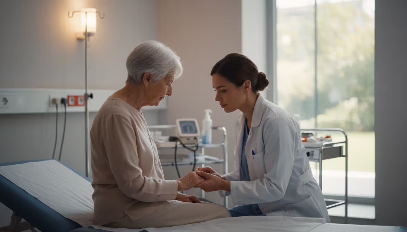 A healthcare professional in a white coat carefully examining an elderly woman's arm in a hospital emergency department setting