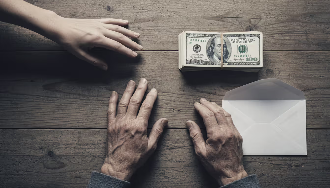 Overhead view of an elderly man's hands on a wooden table next to dollar bills and an open envelope, with another person's hand reaching toward the money, symbolizing financial exploitation