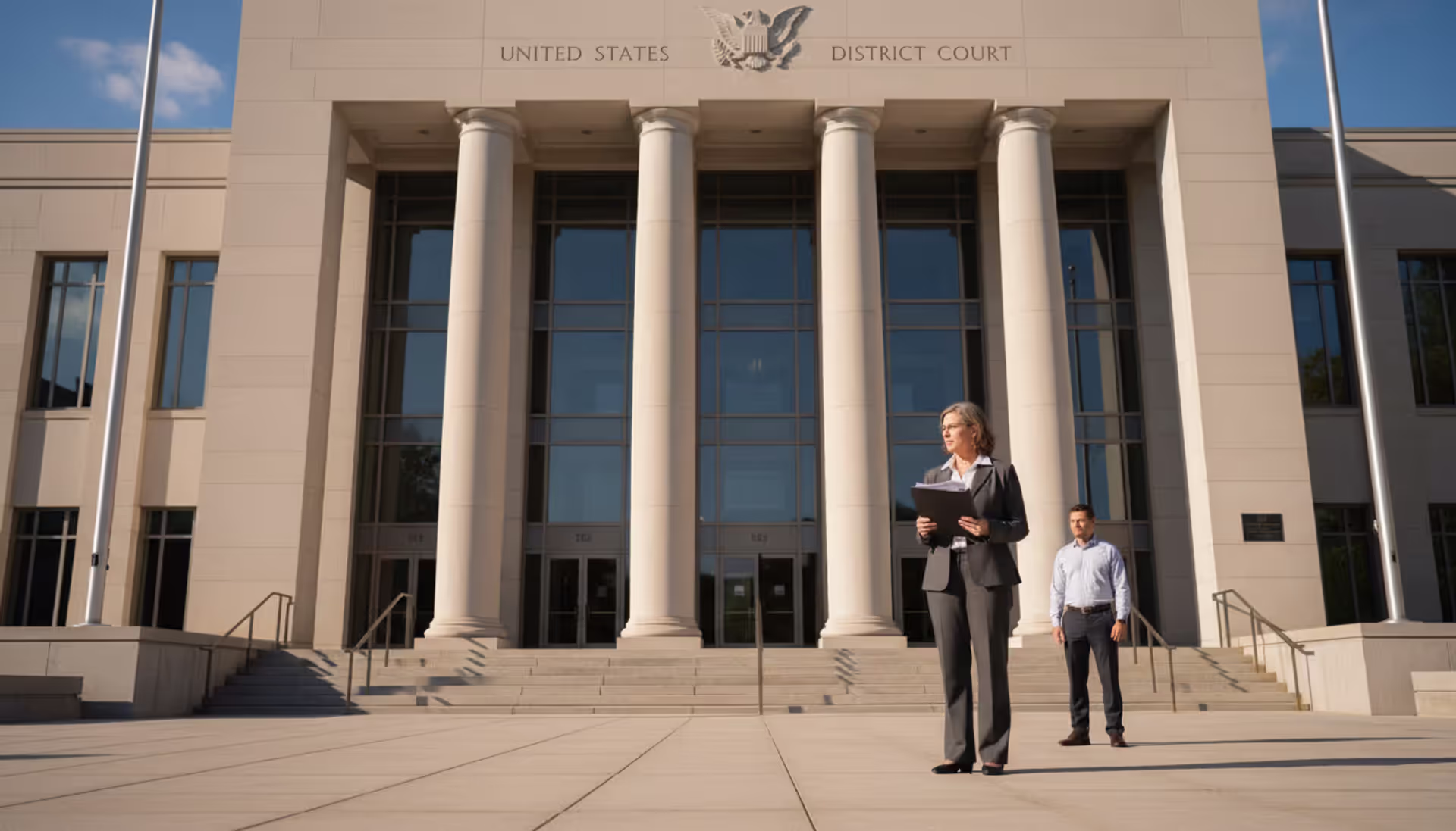 A man and a woman standing apart from each other in front of a modern American courthouse entrance with columns and steps, the woman holding a document folder, daytime lighting