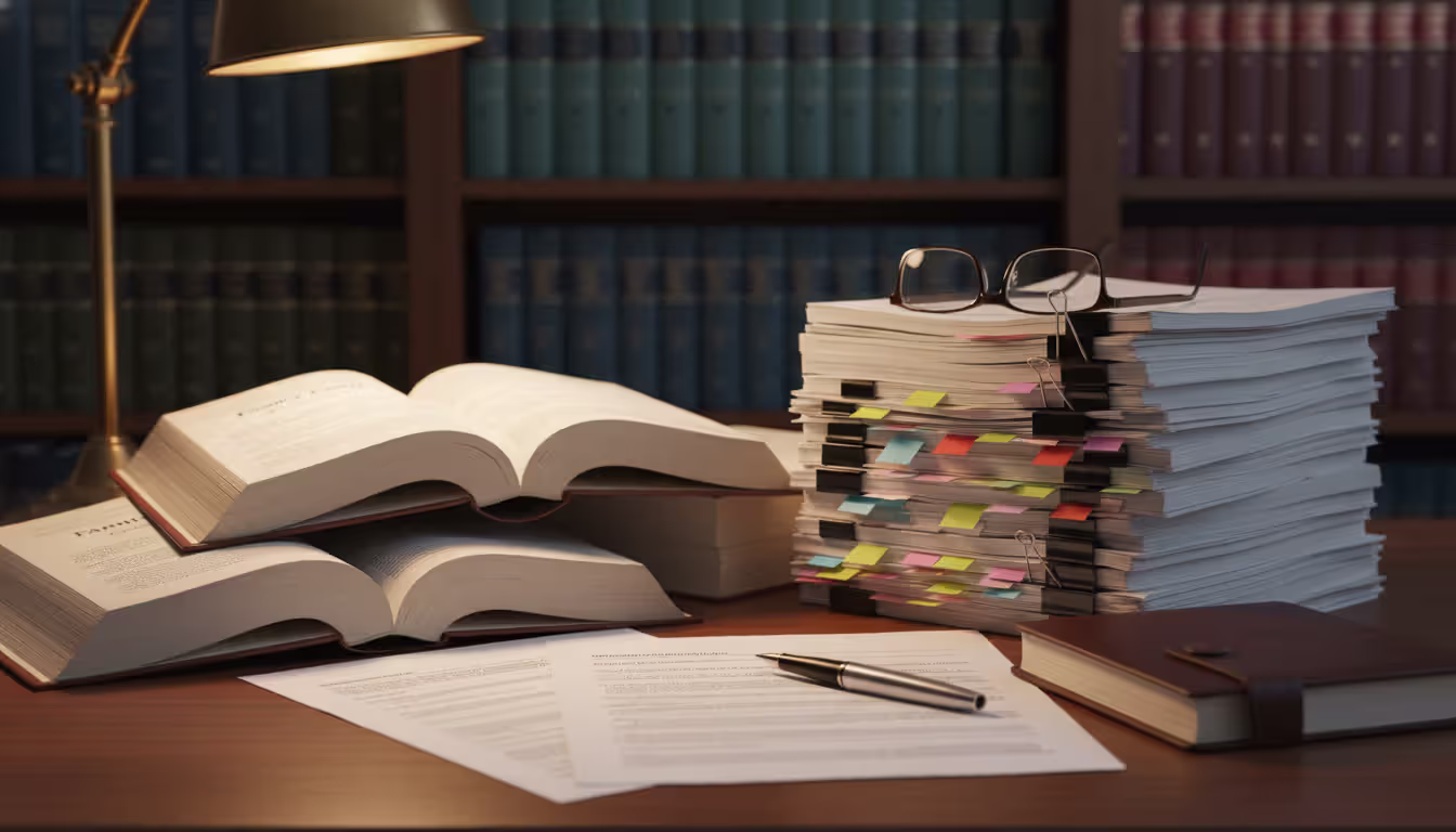 A family law attorney's desk with open legal books, stacked documents with bookmarks, reading glasses, and a pen, blurred bookshelves in the background