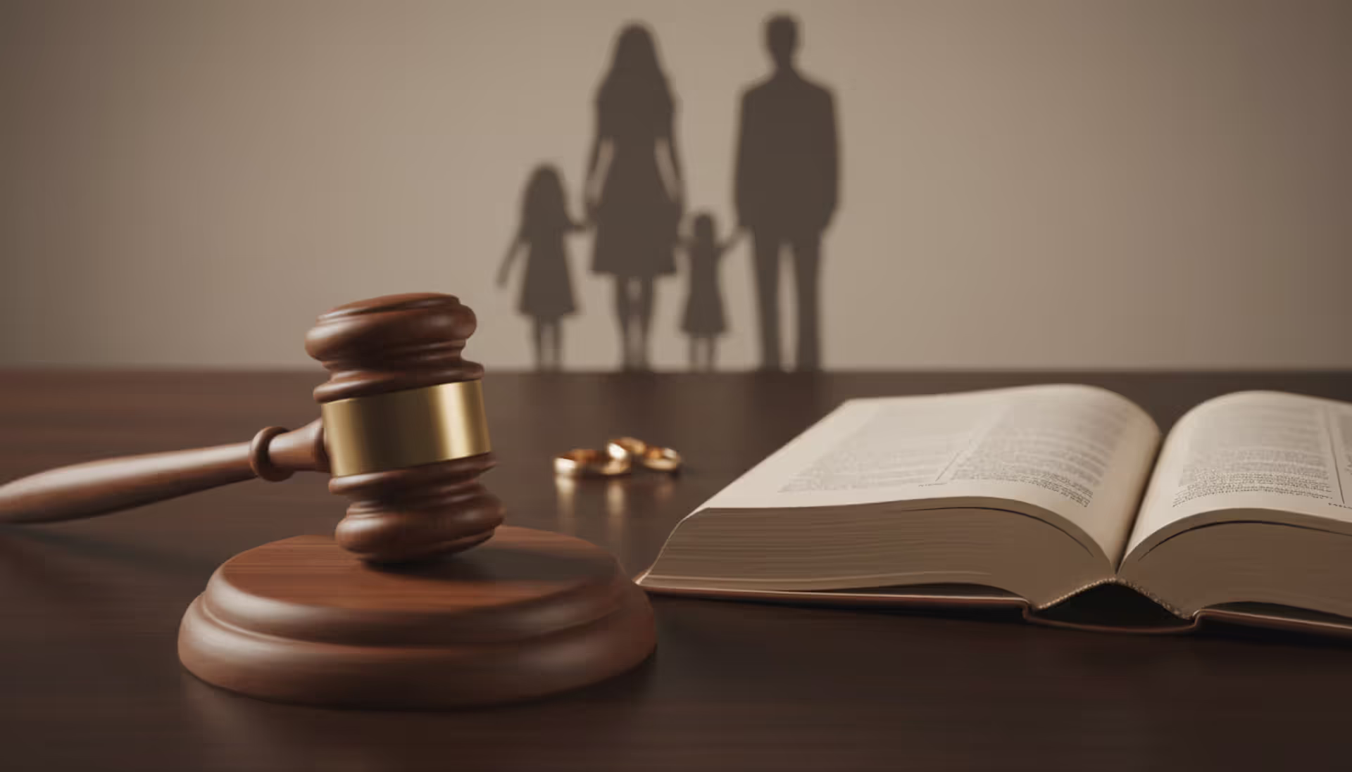 A wooden judge's gavel resting on an open law book with two wedding rings and a blurred family silhouette in the background, warm soft lighting