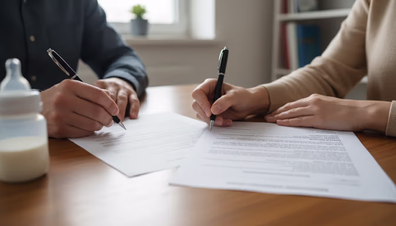 Close-up of two parents signing a legal parentage acknowledgment form at a table with a baby bottle nearby