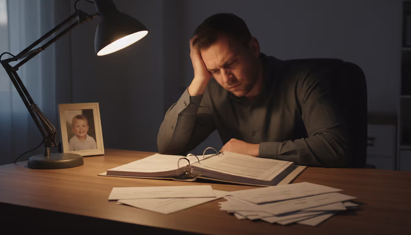 Stressed father sitting at a desk at home reviewing child support legal documents with a framed child photo nearby
