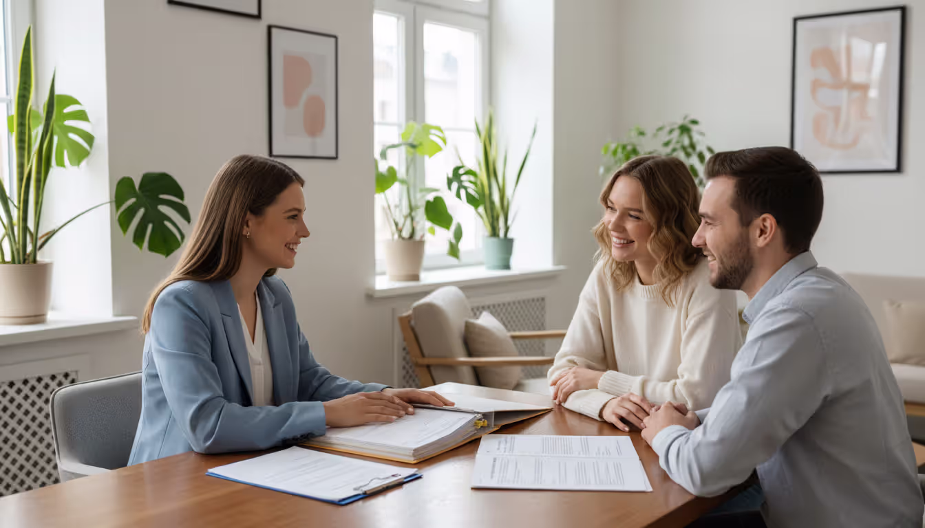 Young couple meeting with a social worker in a bright modern office discussing adoption