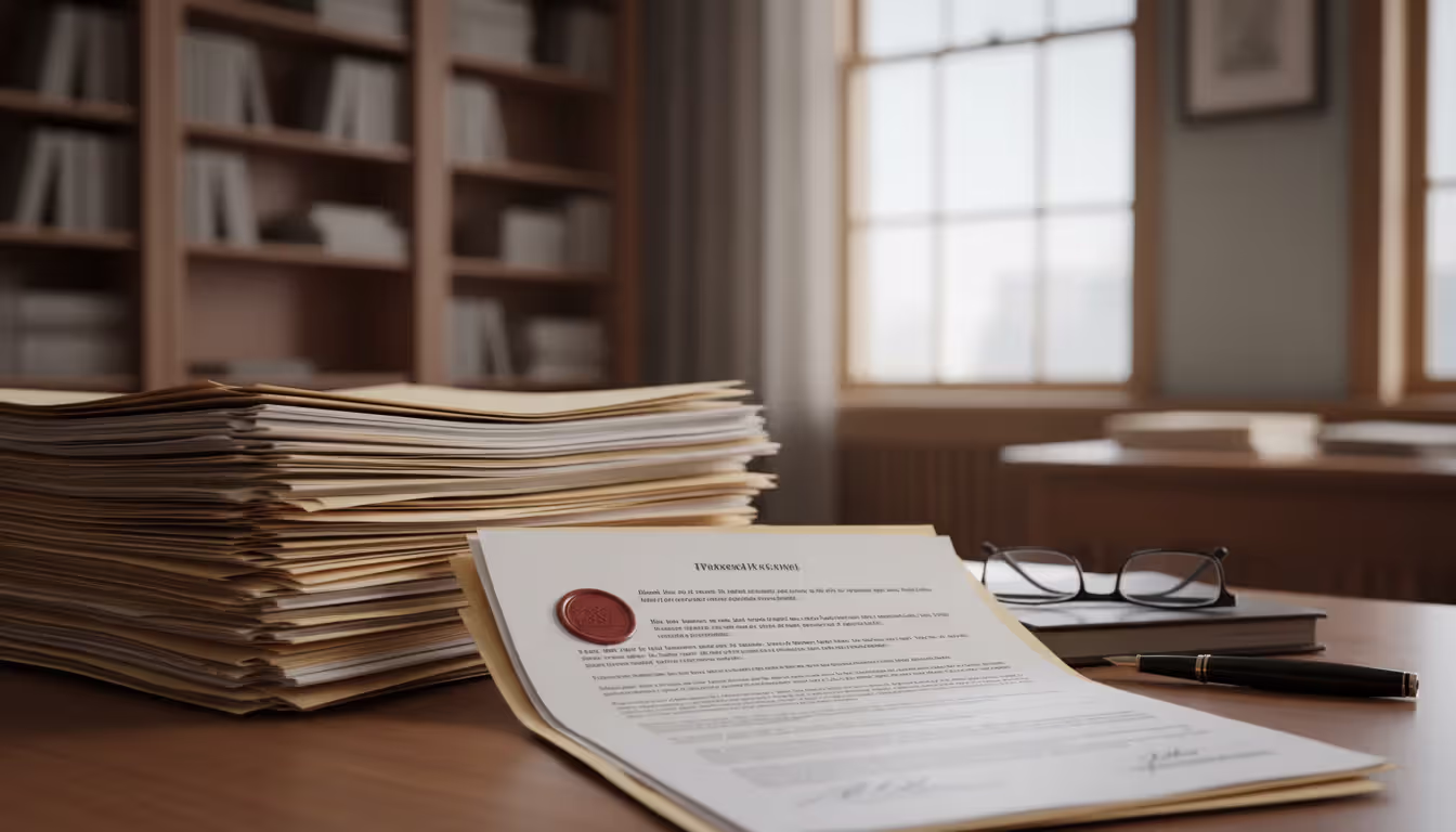 A stack of official legal documents and folders on a wooden desk with a pen and glasses in an office setting