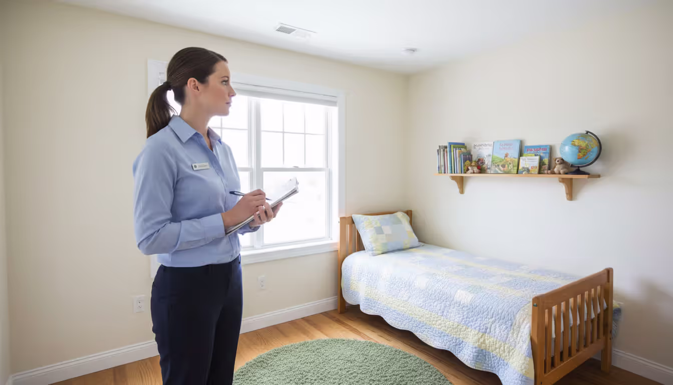 A female social worker with a notepad inspecting a clean and safe child bedroom during a foster care home study