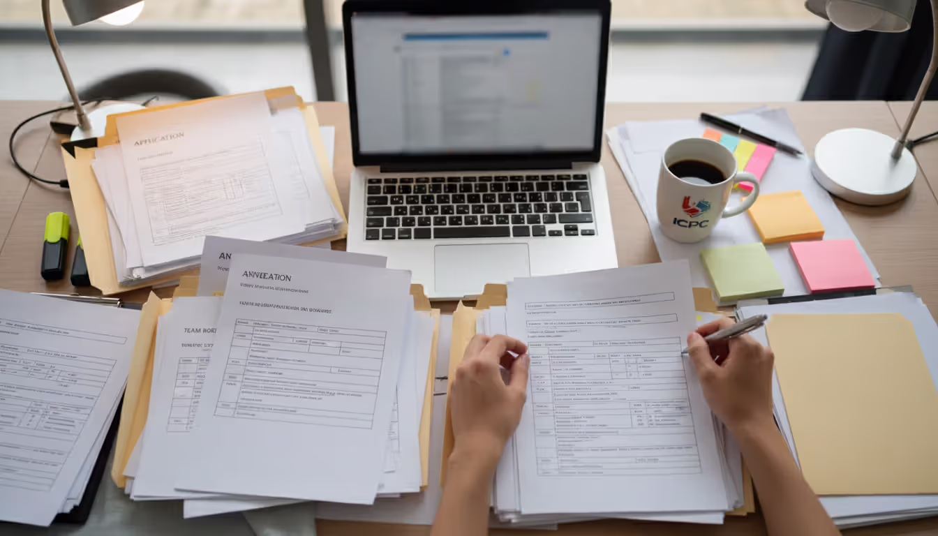 A top-down view of a desk with open folders documents a laptop coffee cup and hands sorting paperwork for an ICPC application review
