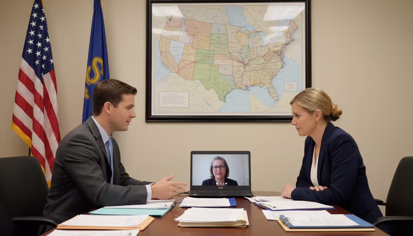 Two professionals in an office having a video conference call coordinating interstate child welfare case with a third participant on screen