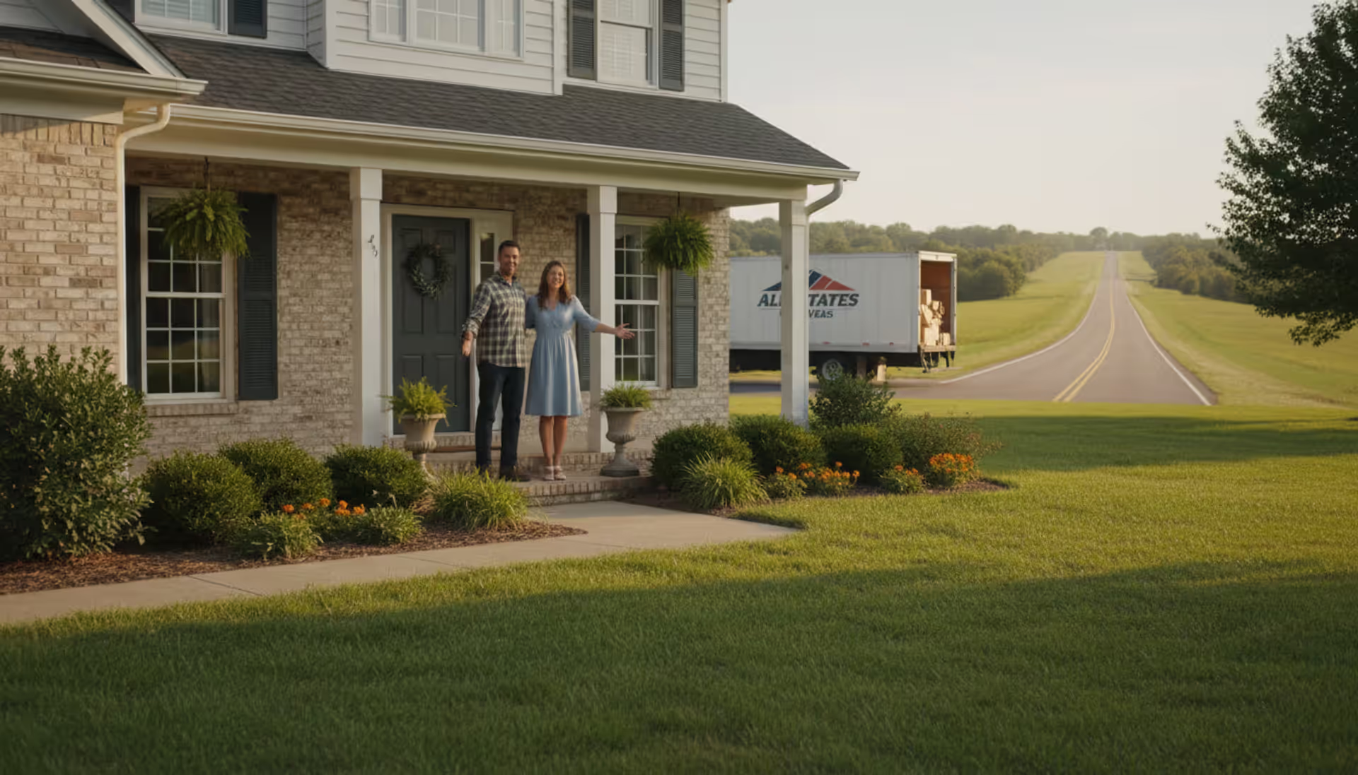 A welcoming foster family standing at the front door of a suburban home with an open door and a road stretching into the distance