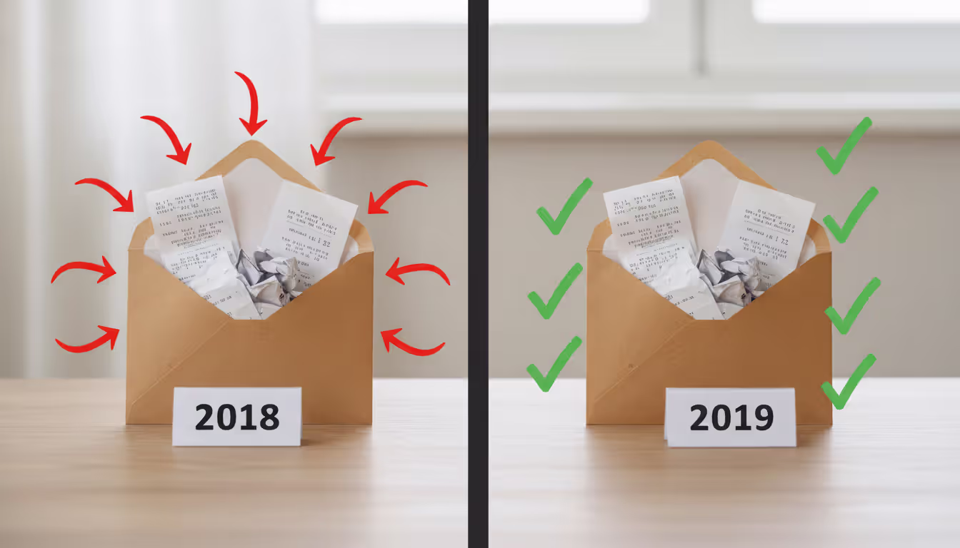 Two identical check envelopes separated by a dividing line labeled 2018 and 2019 showing different tax treatment