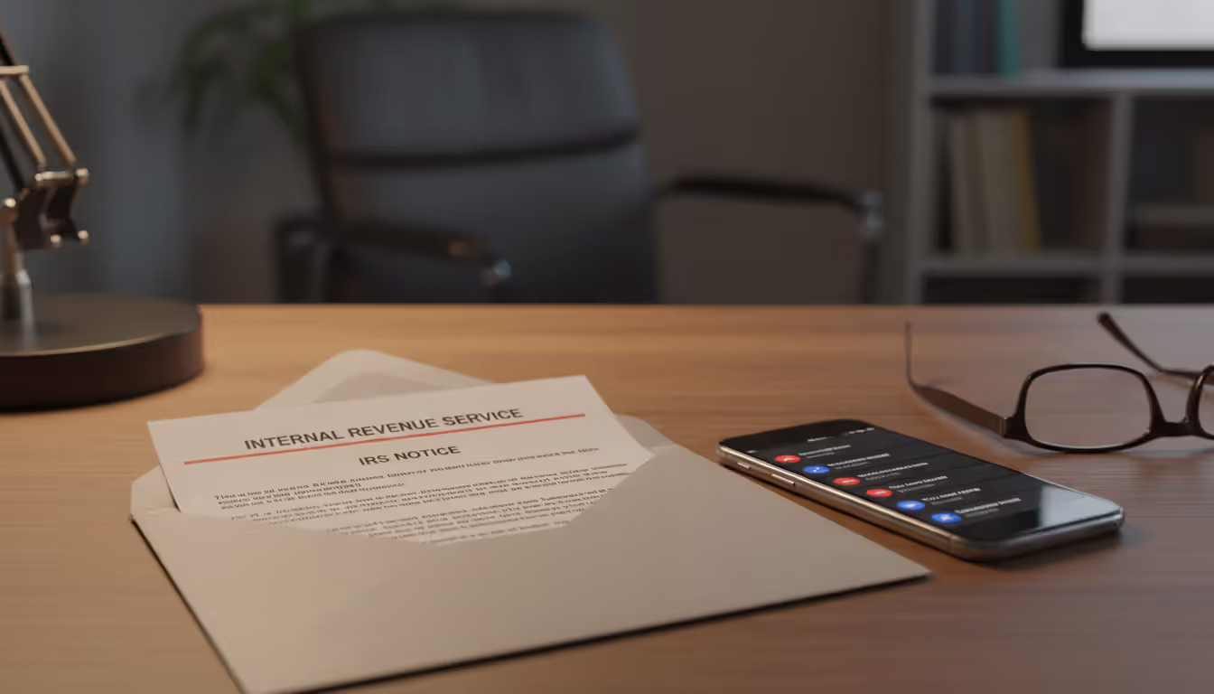 IRS audit notice letter on a desk next to a smartphone and reading glasses