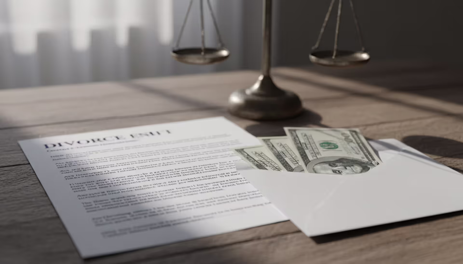 Divorce documents and dollar bills on a wooden desk with scales of justice in the blurred background