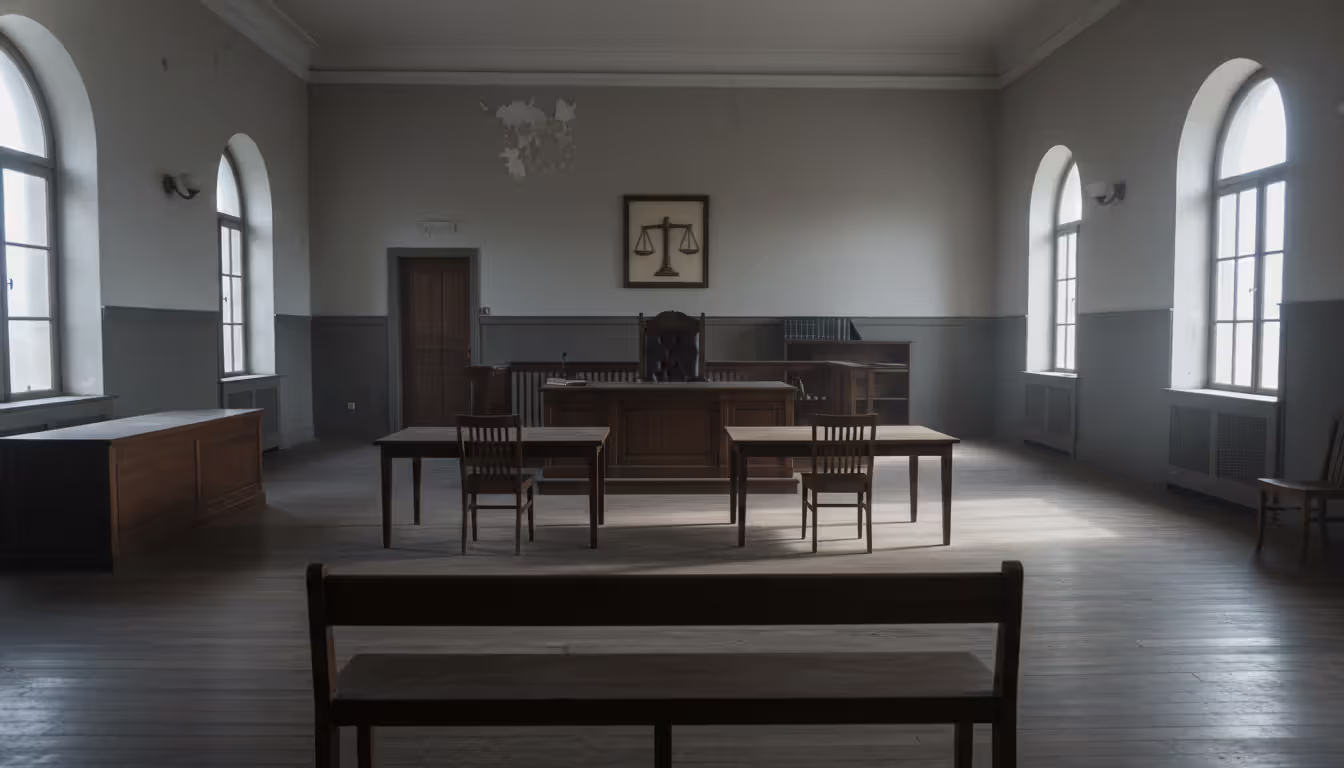 An empty family courtroom with judge's bench, two party tables, and vacant chairs, cold daylight coming through tall windows, conveying a sense of isolation and injustice
