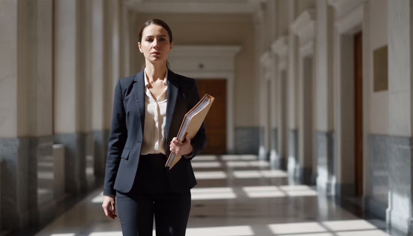 A female attorney in a business suit standing in a courthouse corridor holding a legal folder, looking ahead with determination, marble walls and columns in the background