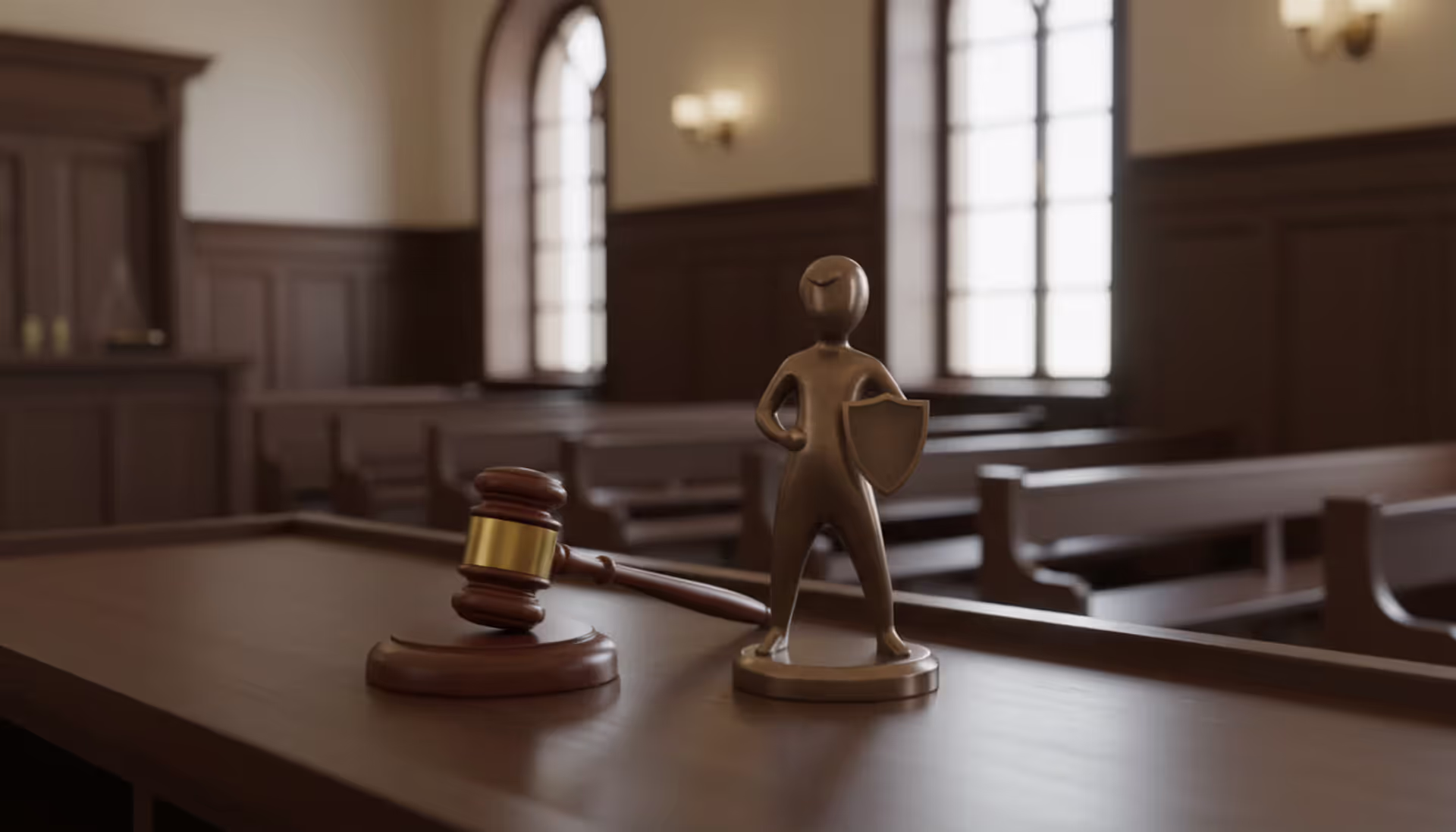 A judge's wooden gavel on a courtroom desk next to a small child figurine symbolizing child protection in family court proceedings