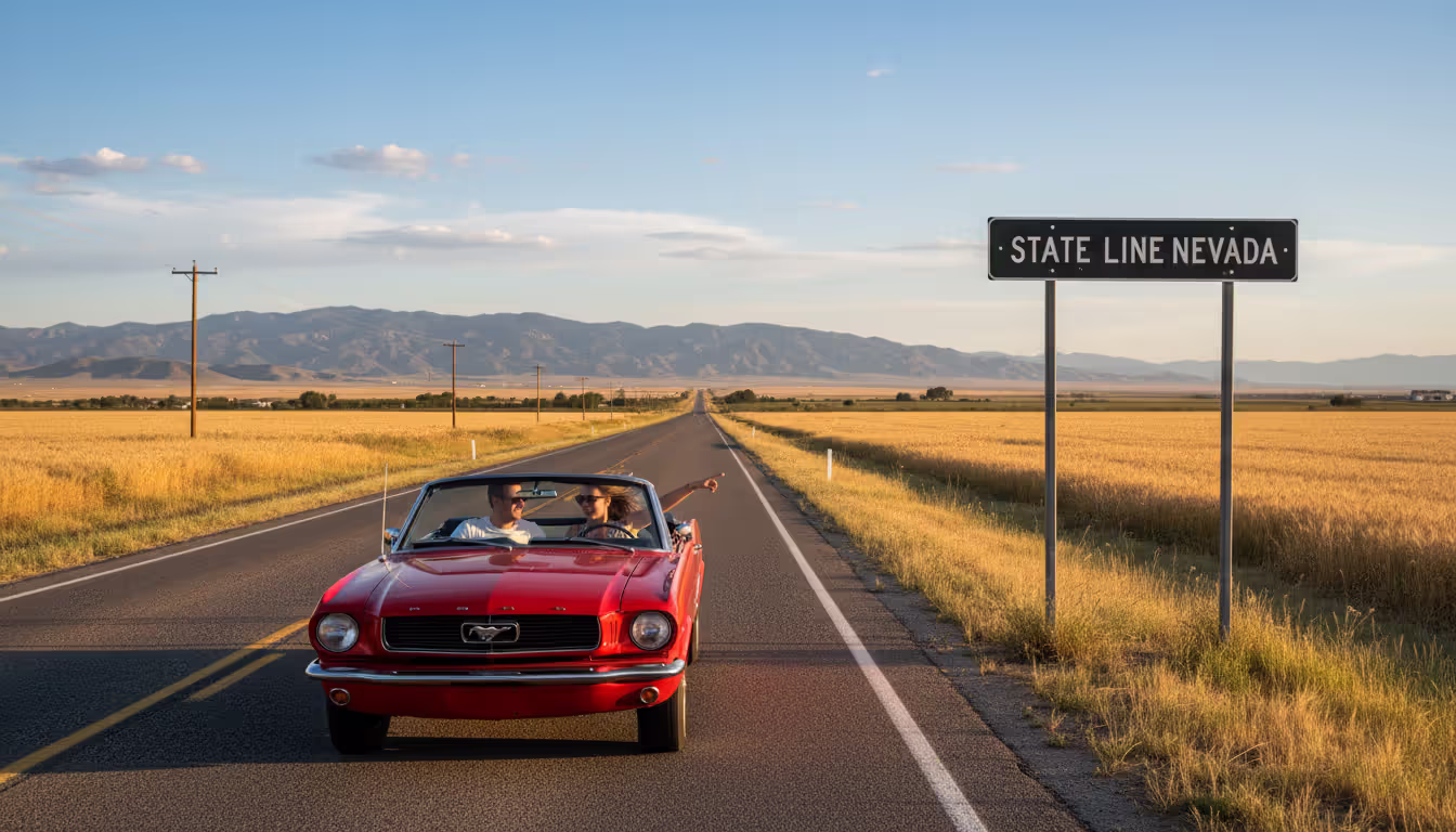 A car driving across a U.S. state border line on a highway through open American landscape with a state line road sign