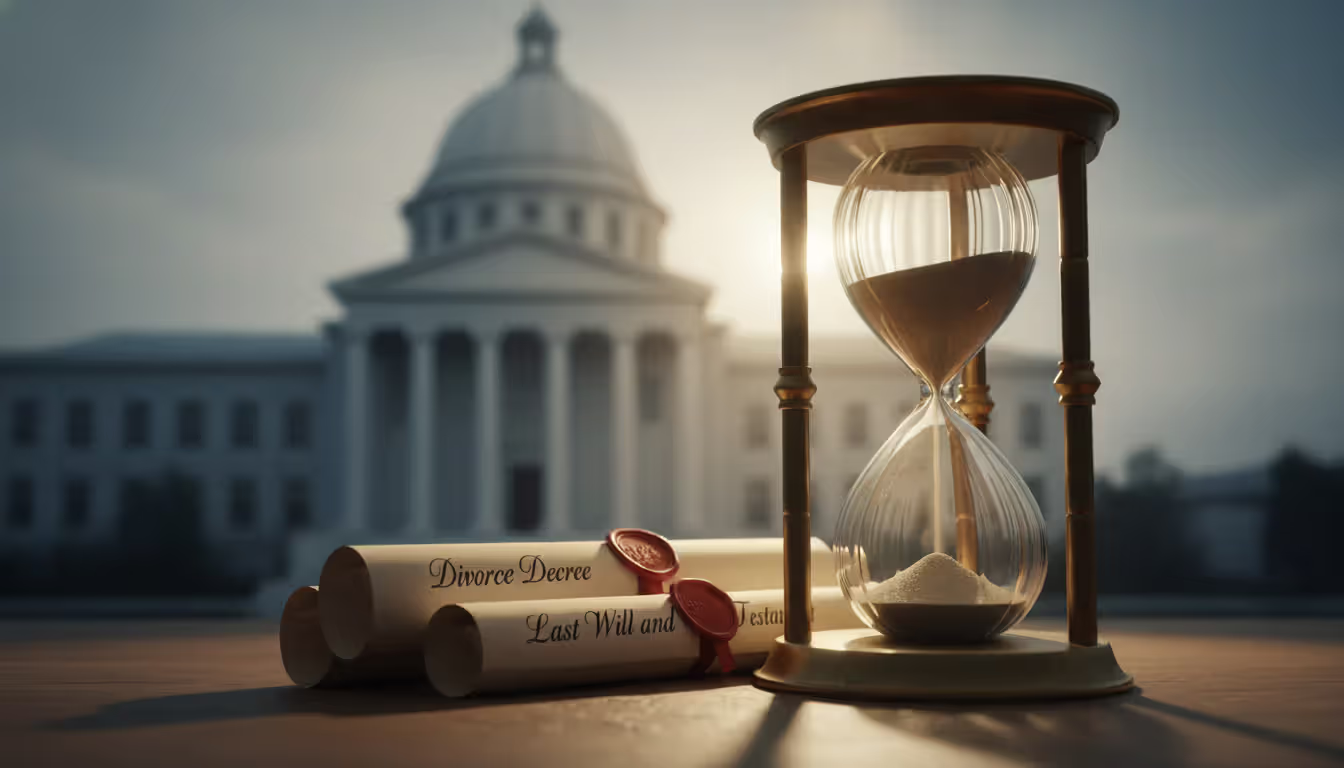 Hourglass with sand halfway through on foreground with blurred courthouse entrance in background and two legal documents nearby representing timing decisions in legal proceedings