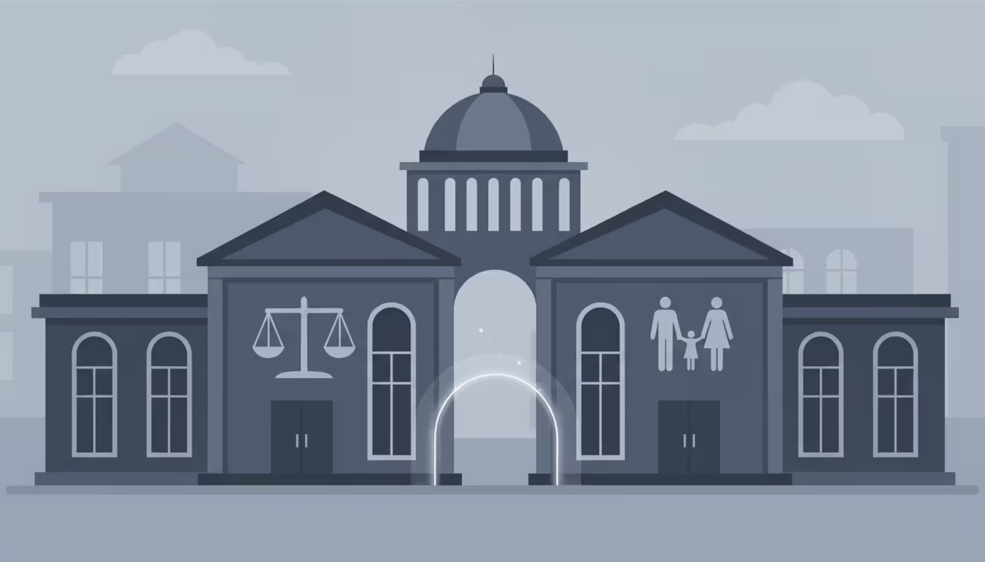 Courthouse building with two distinct wings representing probate court and family court connected by a corridor with scales of justice on one side and family silhouette on the other