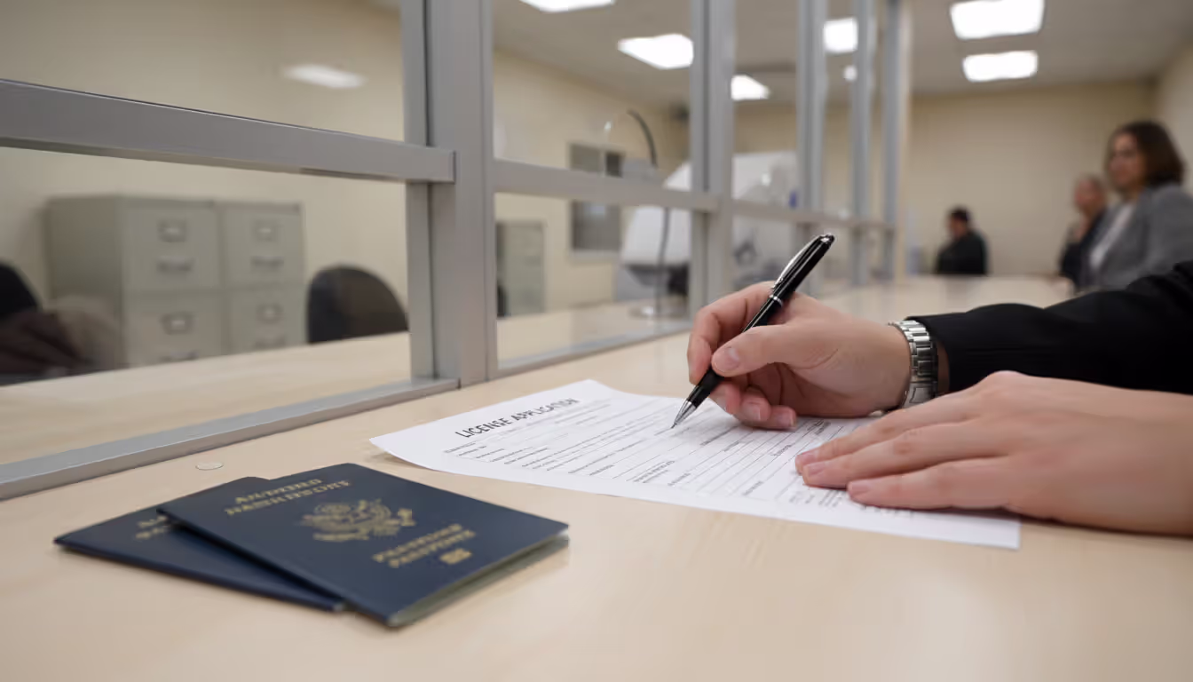 Close-up of two people filling out an official marriage license application form at a government office counter with passports and pen on the desk