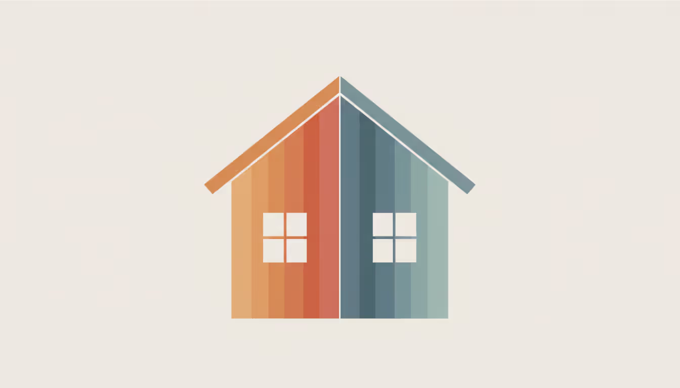 Stylized illustration of a wooden house split in two halves in warm and cool colors symbolizing property division in divorce on a clean background