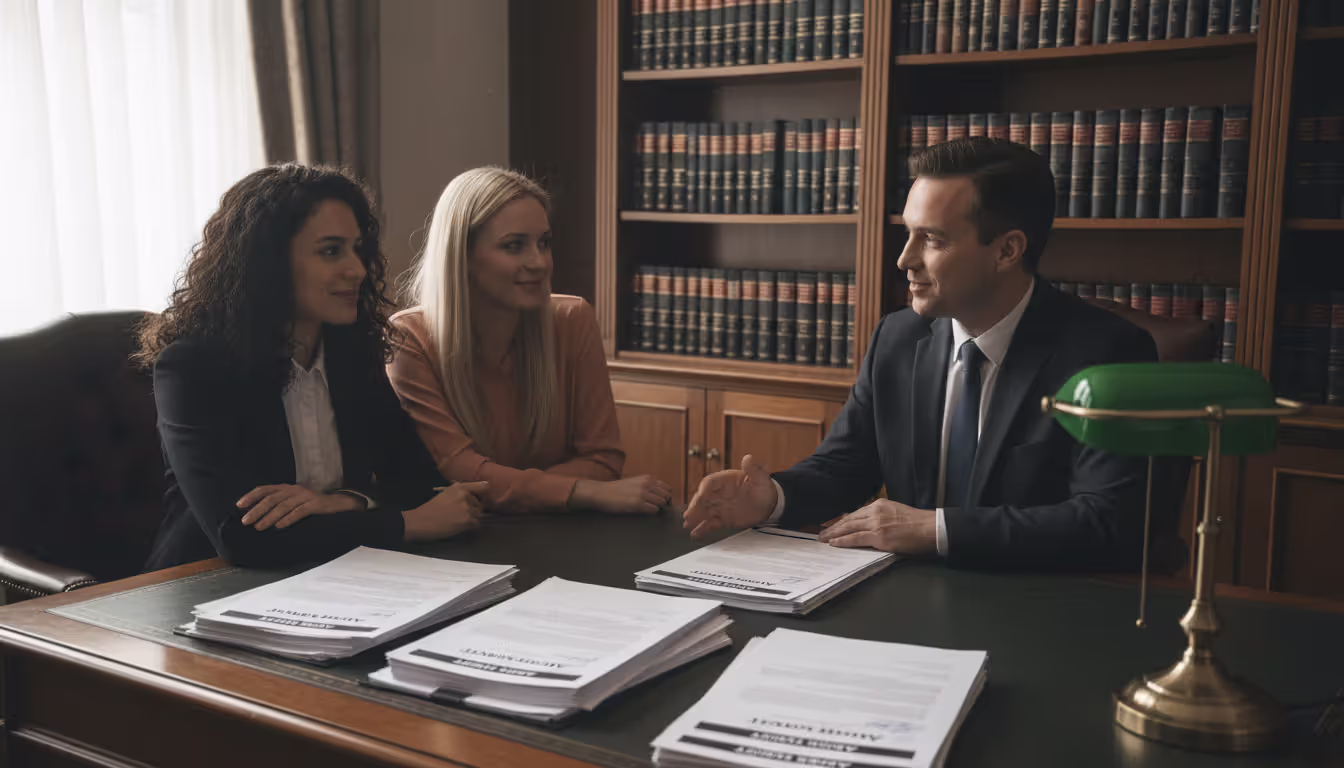 Two women sitting across from a lawyer at a desk reviewing adoption documents in a law office with bookshelves in background