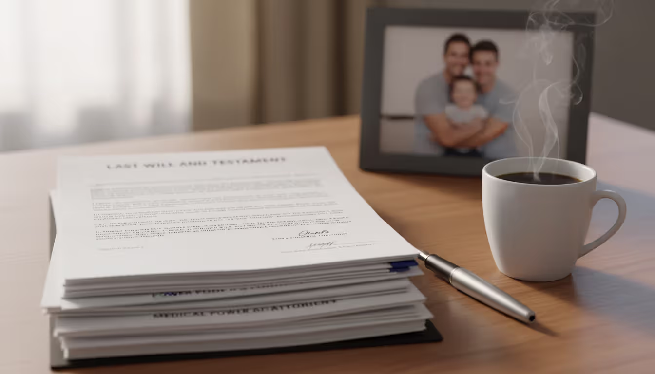 Stack of legal documents including will and power of attorney on a desk with a pen and coffee cup, blurred family photo of two men with a child in background