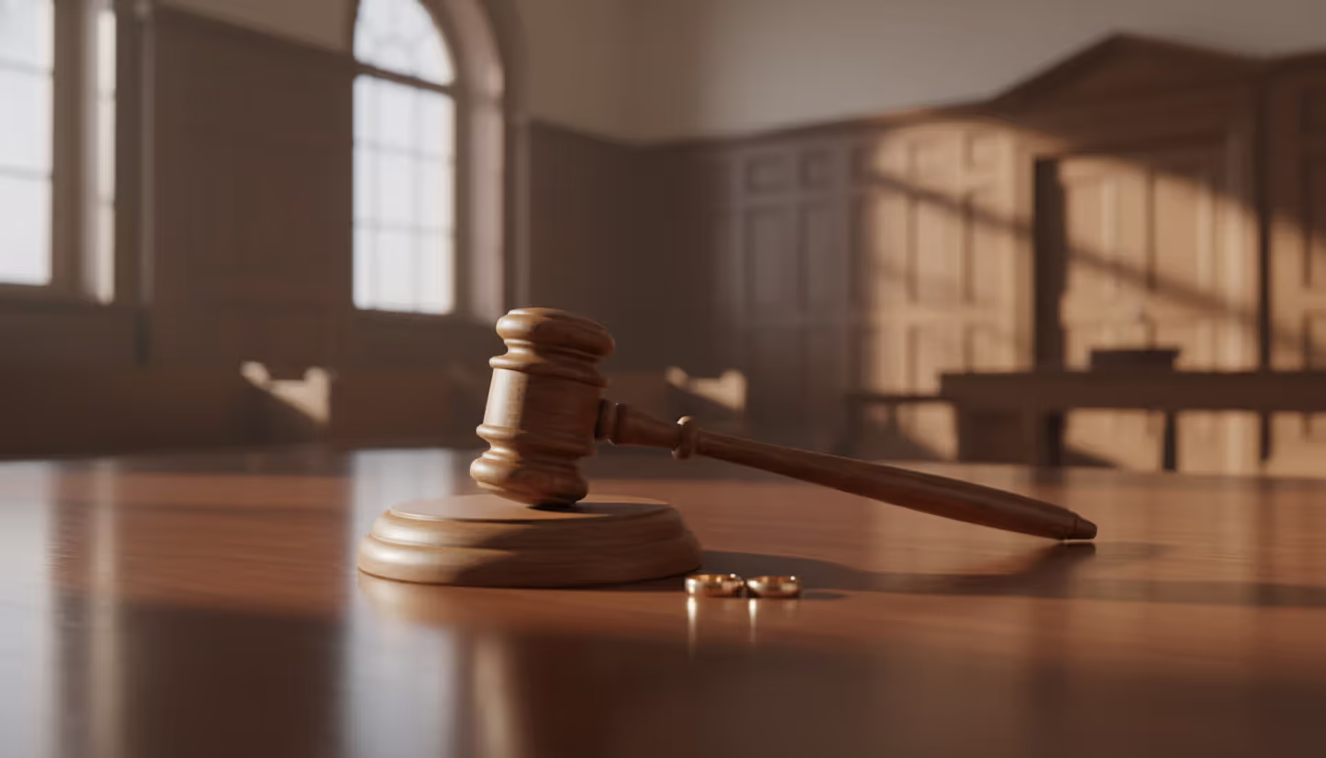 Wooden gavel on polished desk next to two separated wedding rings in a courtroom setting with warm lighting