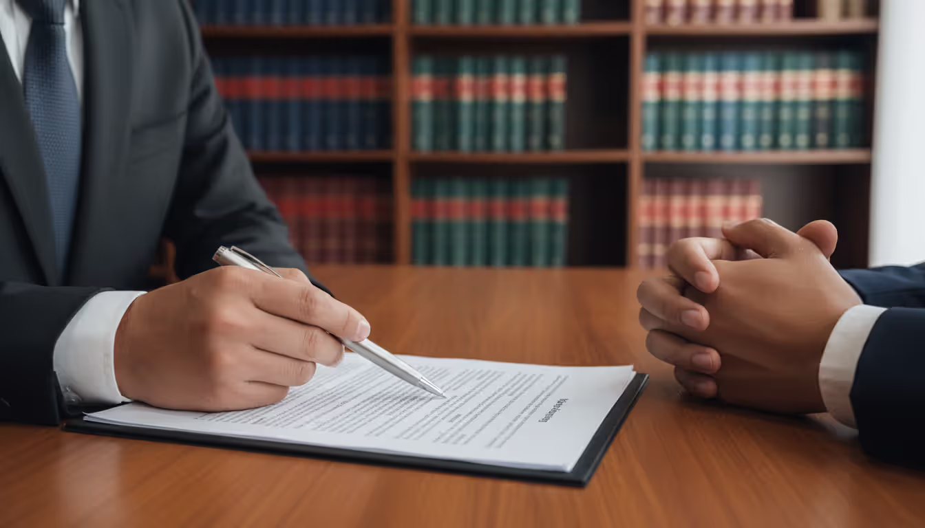 Close-up of a lawyer's hand pointing with a pen at a clause in a legal document on a desk