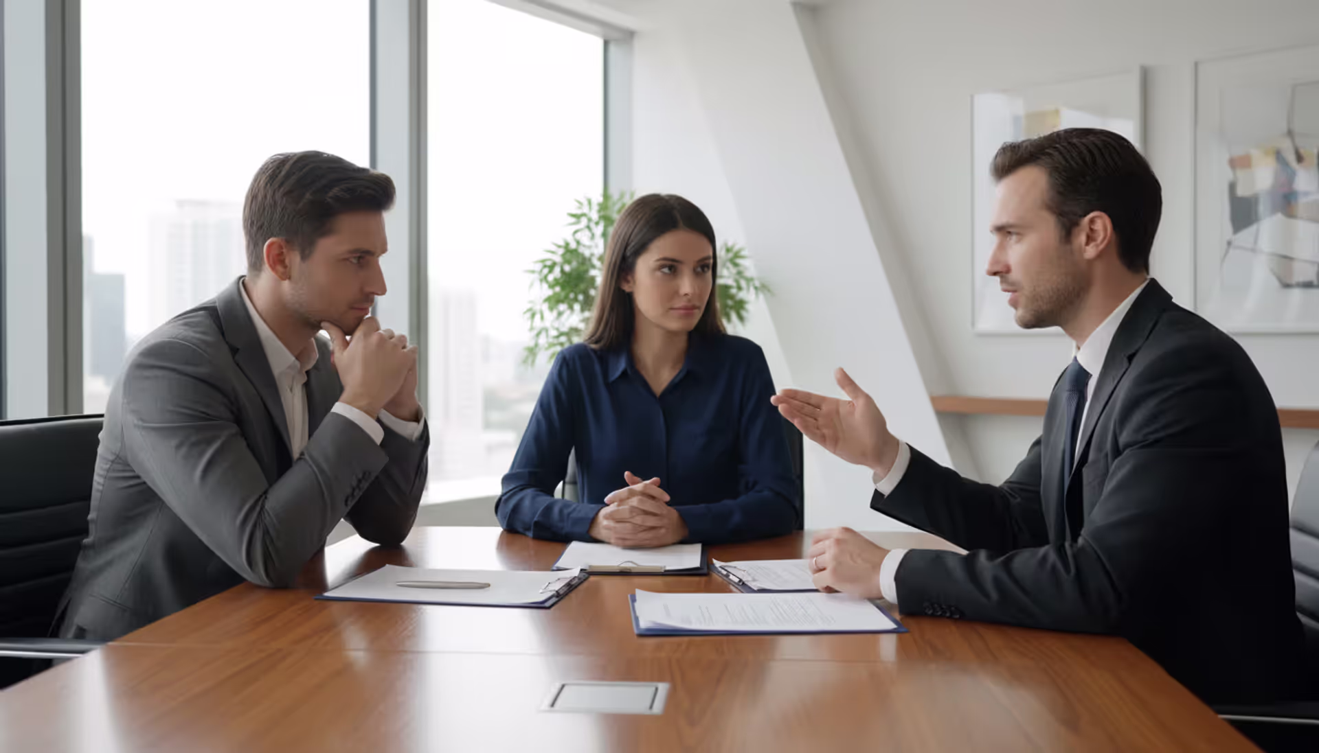Young couple sitting across from a lawyer at a wooden desk in a modern bright office discussing documents