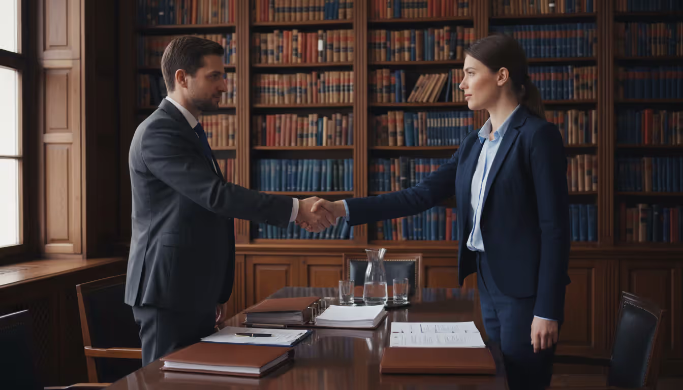 Two attorneys in business attire shaking hands across a negotiation table with document folders and legal bookshelves in the background