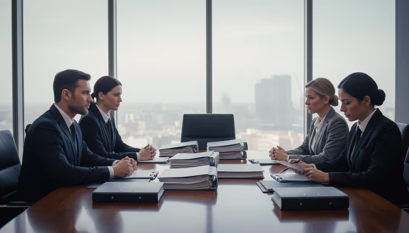 Two couples sitting across from each other at a conference table with their lawyers reviewing legal documents in a modern glass-walled meeting room