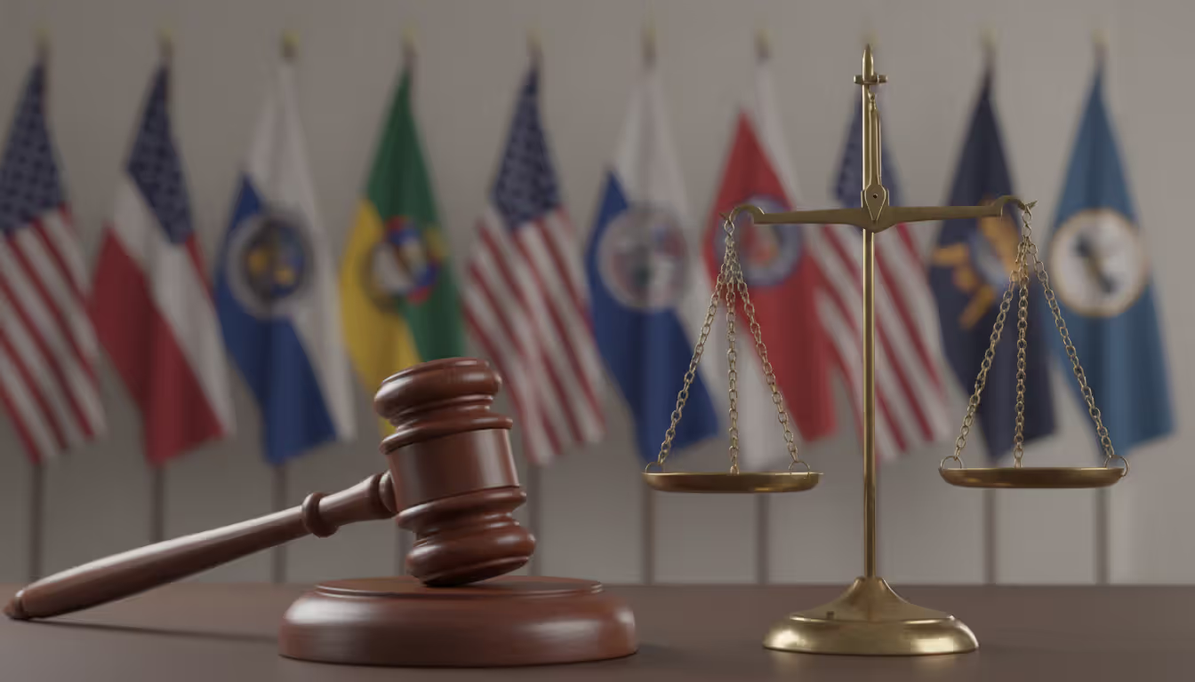 A wooden judge gavel on its stand next to bronze scales of justice with blurred US state flags in the background