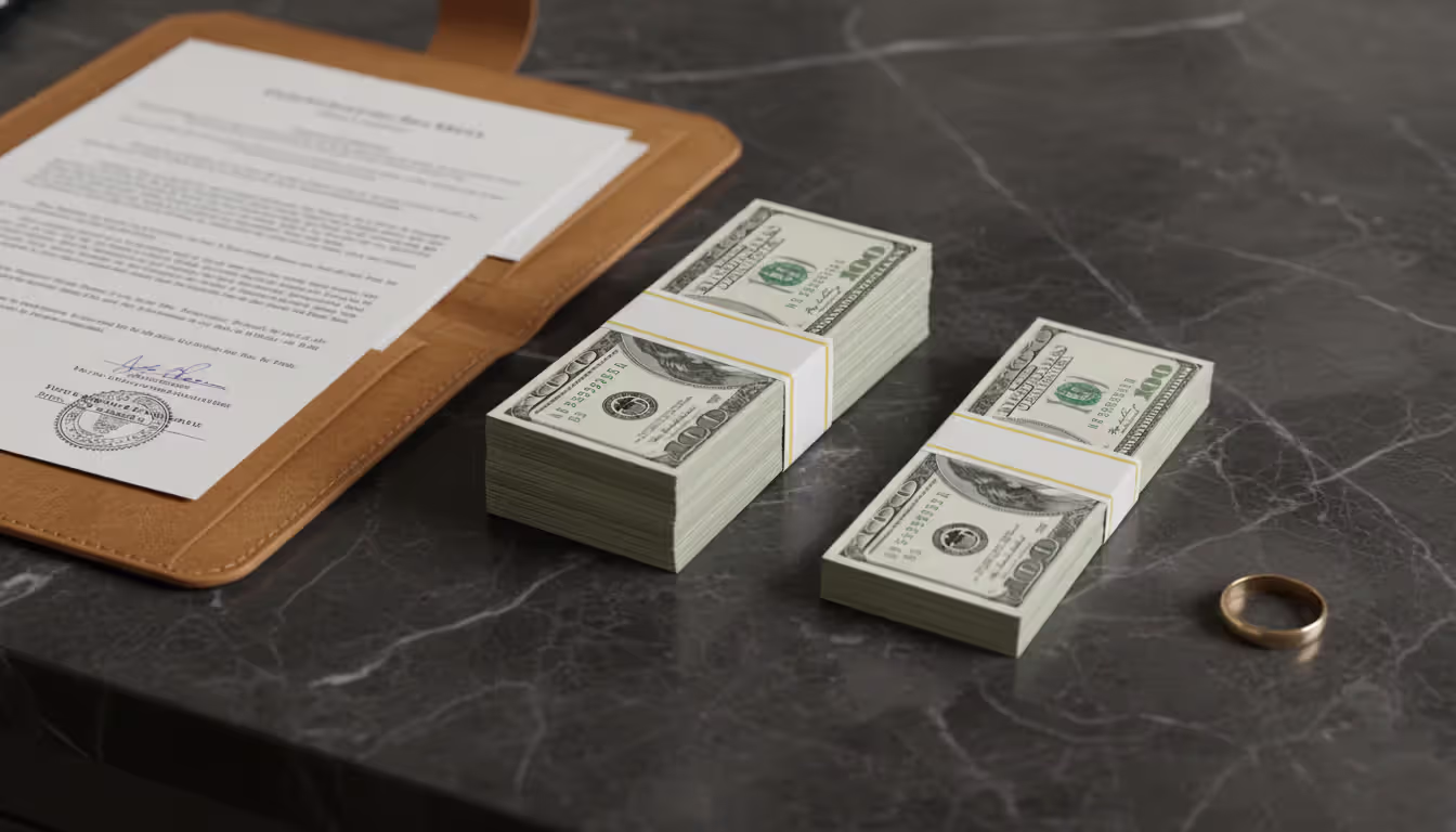 Stacks of US dollar bills split into unequal portions on a dark marble surface next to an open legal folder and a removed wedding ring