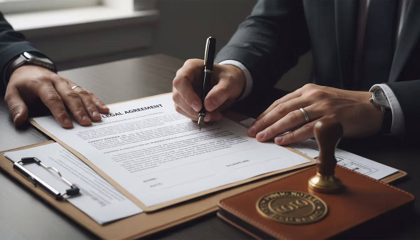 Close-up of two people signing an official legal agreement with a notary seal and documents on a desk