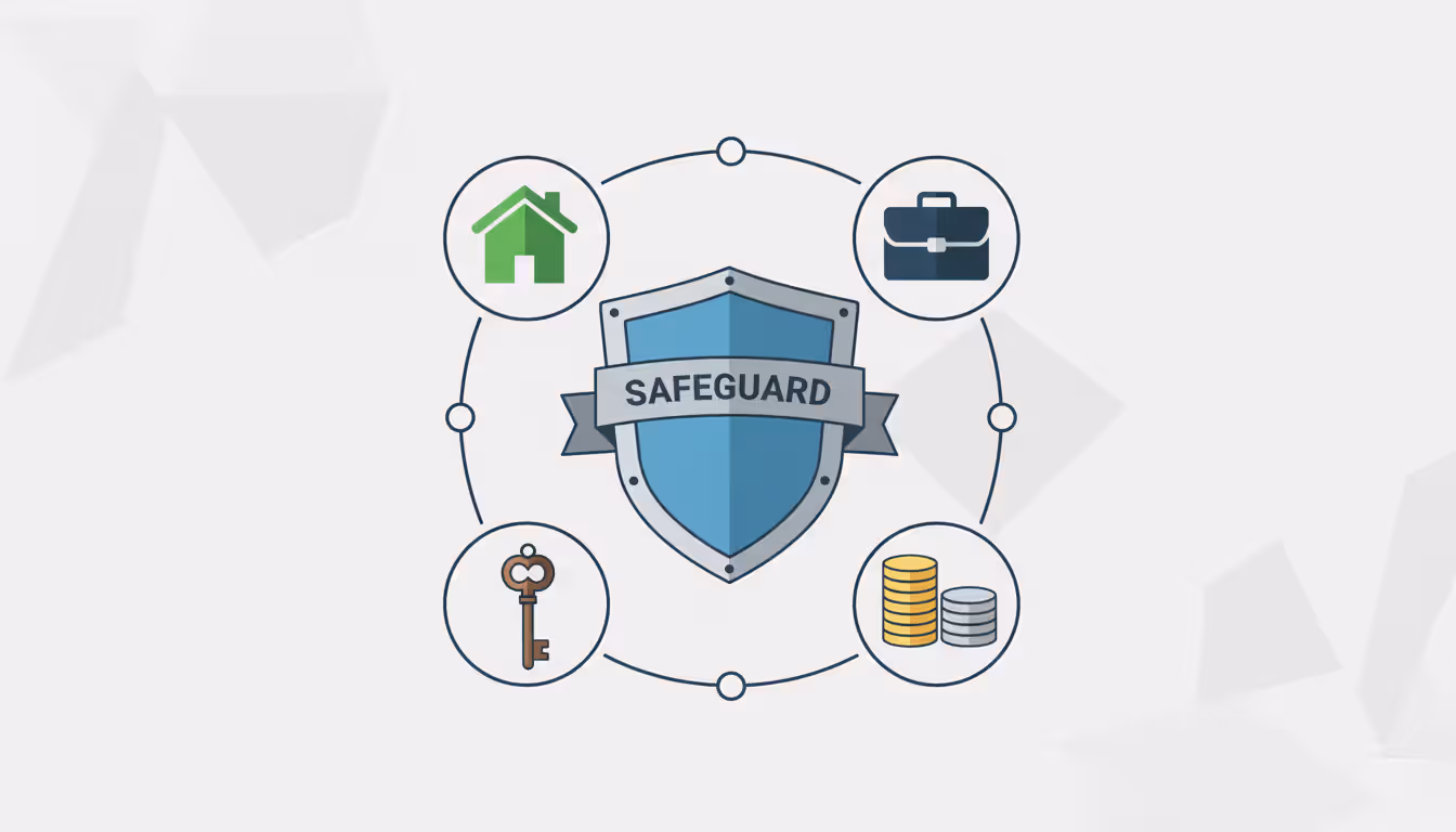 Flat style infographic illustration of a shield surrounded by icons representing a house, briefcase, coins, and a key symbolizing asset protection