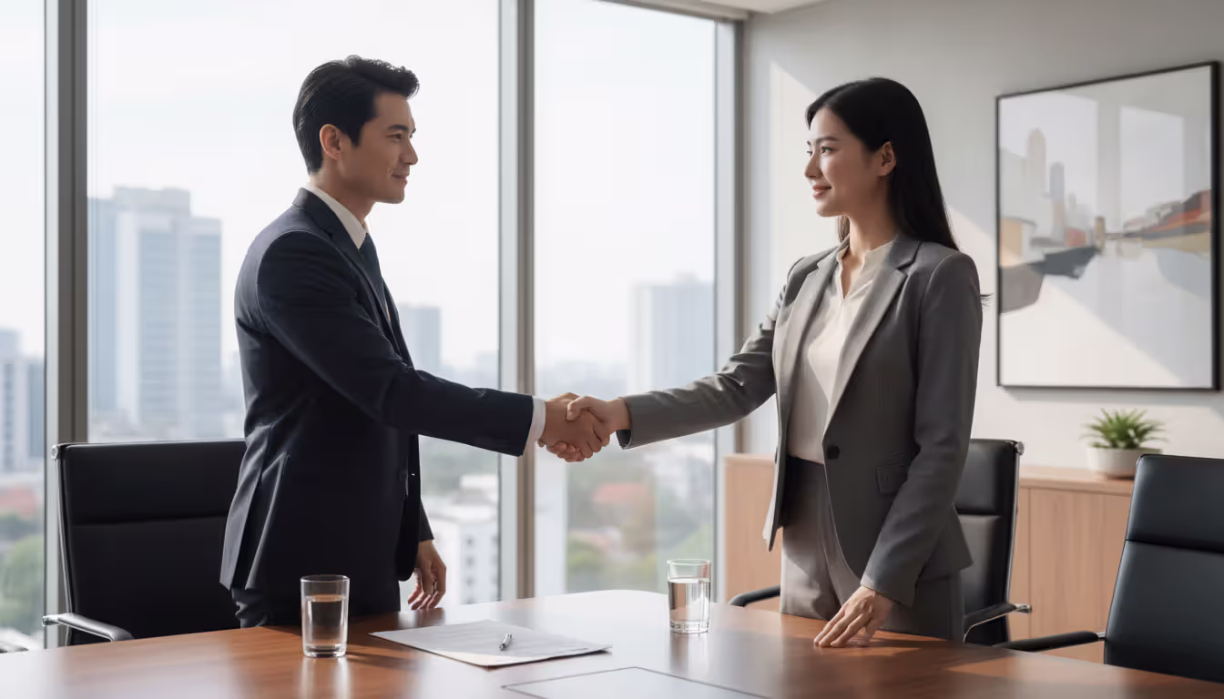 Man and woman shaking hands over a signed document on a table in a modern bright office expressing mutual agreement and respect