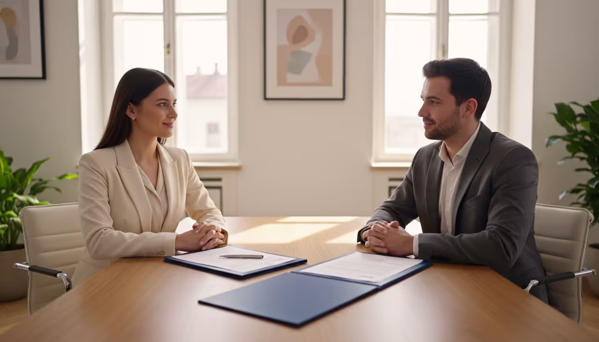 Young couple sitting at a table with legal documents and a pen, discussing a prenuptial agreement in a modern bright office setting
