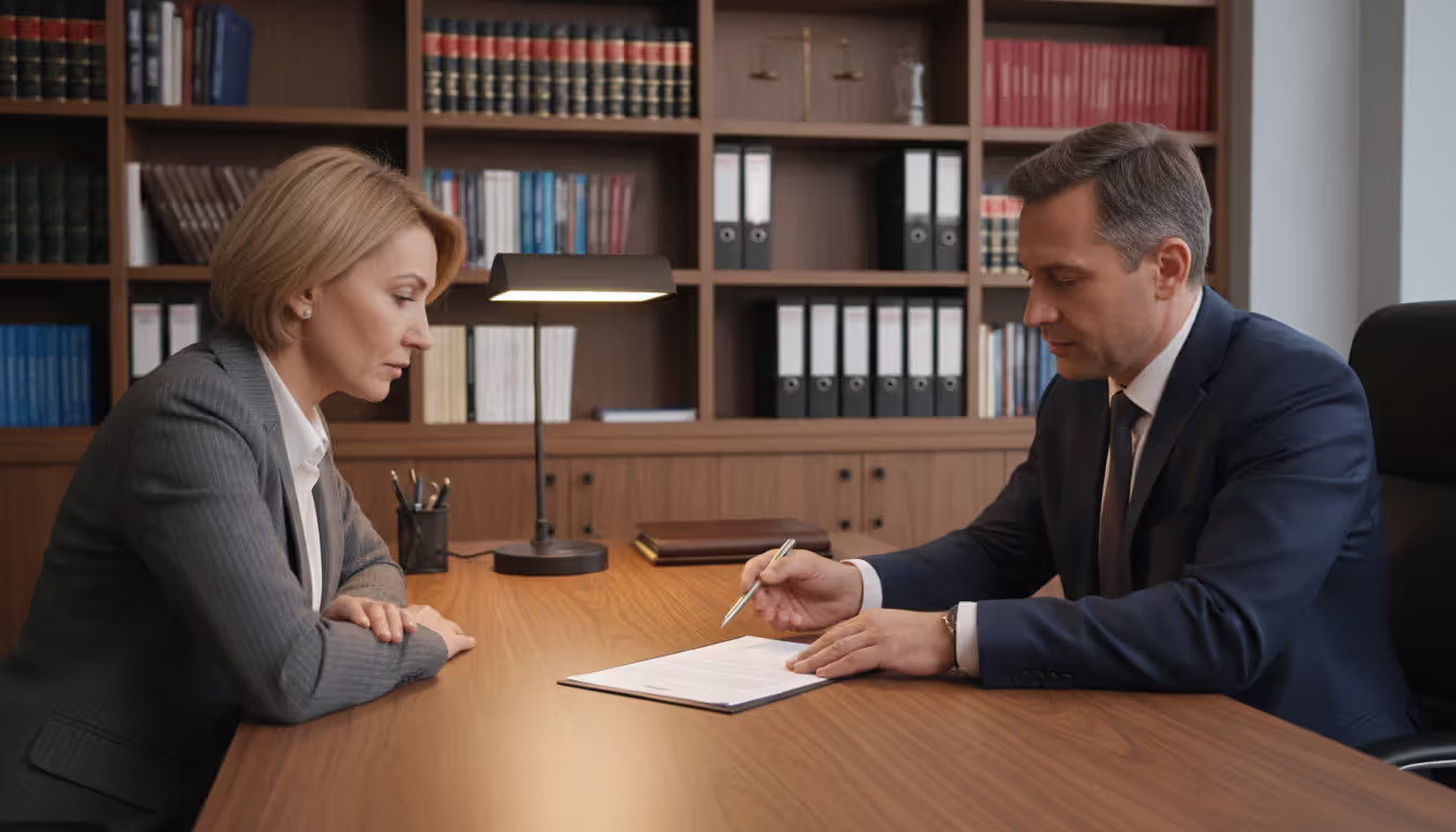 A middle-aged couple sitting in a lawyer office while an attorney in a business suit explains a document, with bookshelves in the background